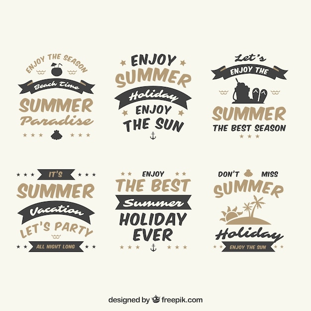 Free vector set of summer badges with beach elements in hand drawn style