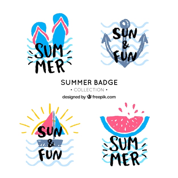 Free Vector set of summer badges with beach elements in hand drawn style