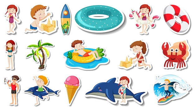 Set of summer beach items and children