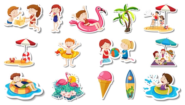 Free vector set of summer beach items and children