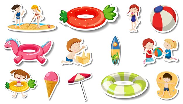 Set of summer beach items and children