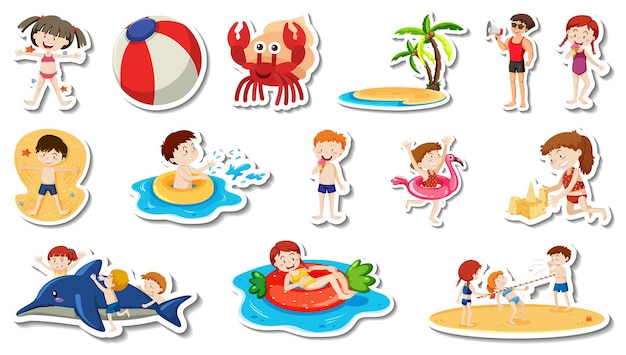 Set of summer beach items and children