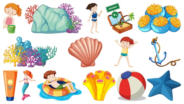 Free Vector set of summer beach objects and cartoon characters