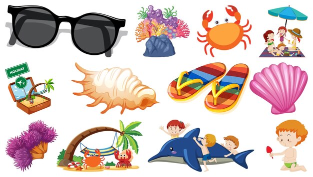 Set of summer beach objects and cartoon characters