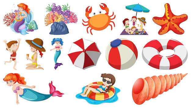 Set of summer beach objects and cartoon characters