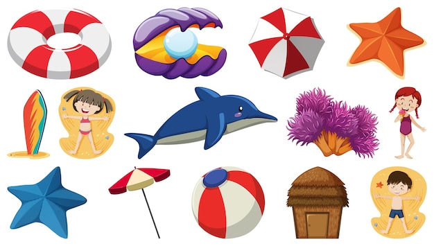 Set of summer beach objects and cartoon characters