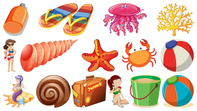 Free Vector set of summer beach objects and cartoon characters