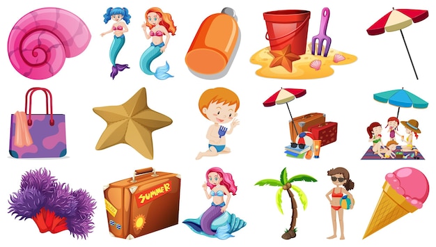 Set of summer beach objects and cartoon characters