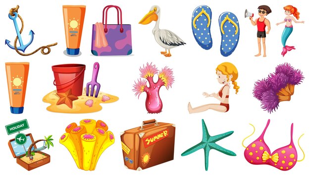 Set of summer beach objects and cartoon characters