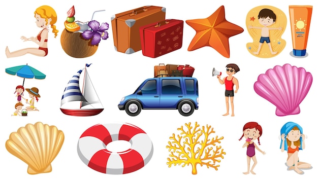 Set of summer beach objects and cartoon characters