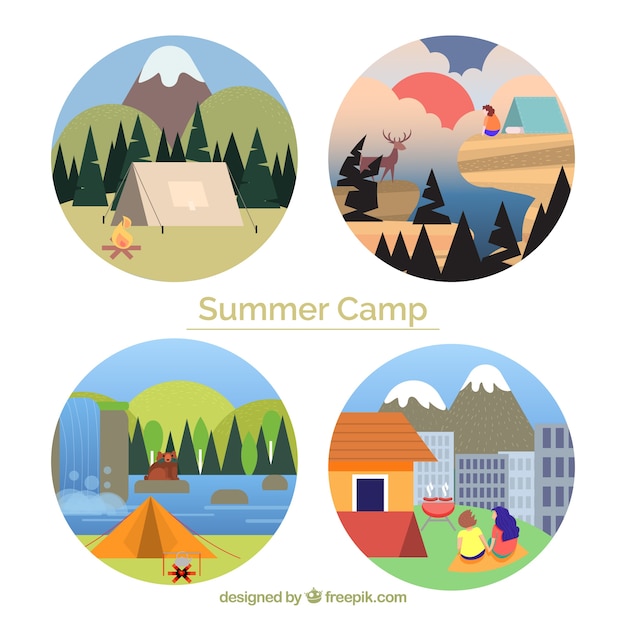 Free Vector set of summer camp badges in flat style