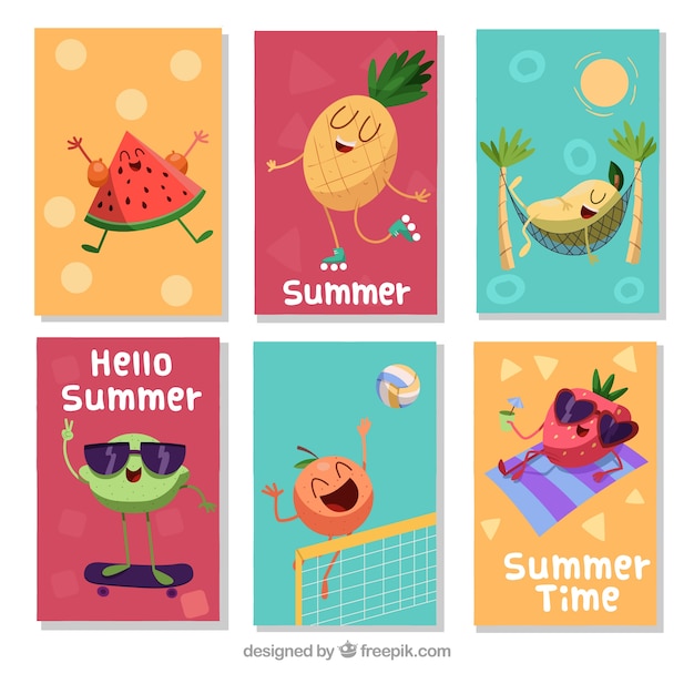 Free vector set of summer cards with cartoon fruits