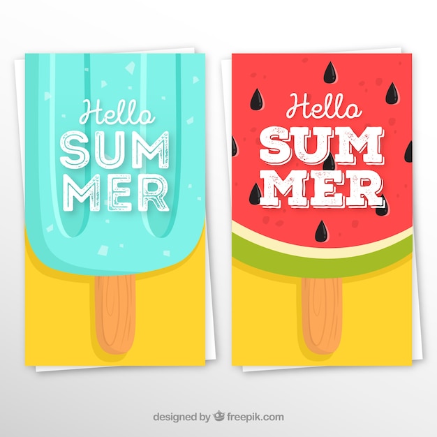 Set of summer cards with ice creams of fruits