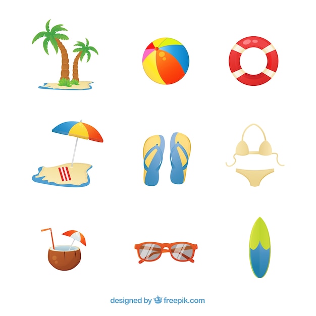 Set of summer clothes and elements in flat style