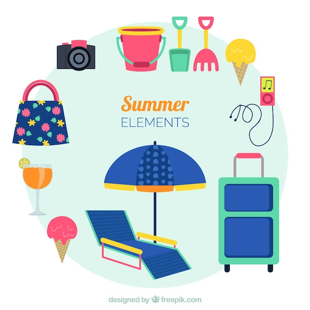 Set of summer clothes and elements in flat style