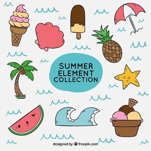 Set of summer elements in hand drawn style