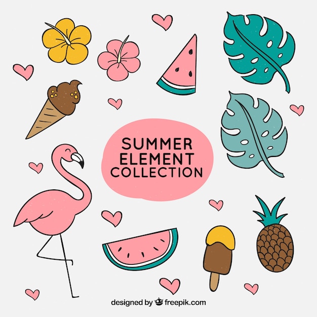 Set of summer elements in hand drawn style