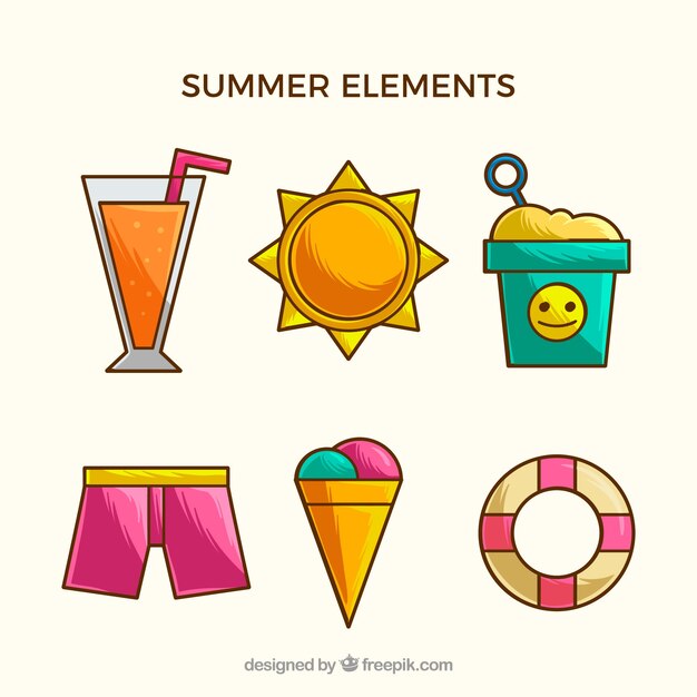 Set of summer elements in hand drawn style