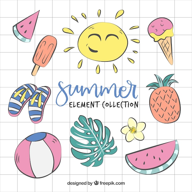 Set of summer elements in hand drawn style