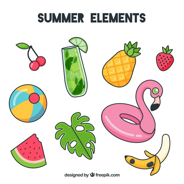 Set of summer elements in hand drawn style