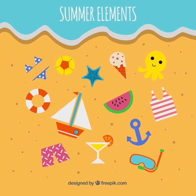 Free Vector set of summer elements on the sand