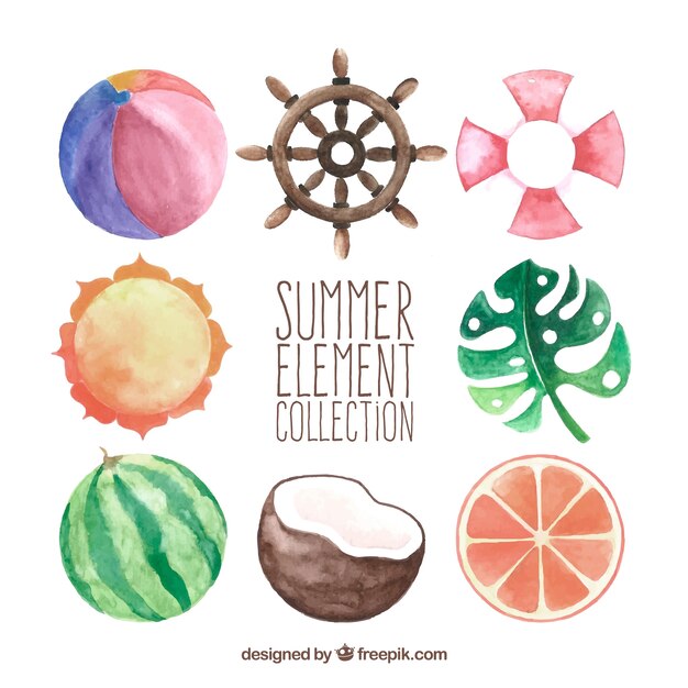 Free Vector set of summer elements in watercolor style