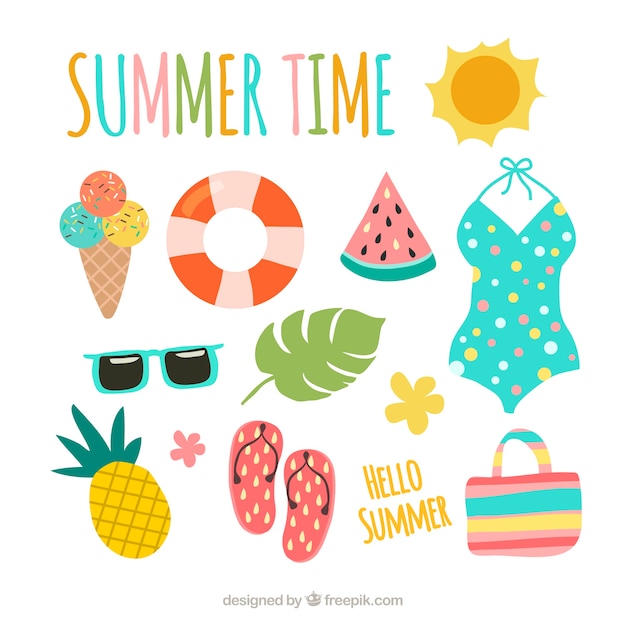 Set of summer elements with food and clothes in flat style