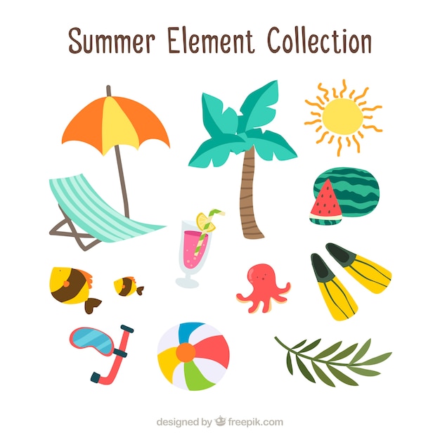 Free Vector set of summer elements with food and clothes in flat style