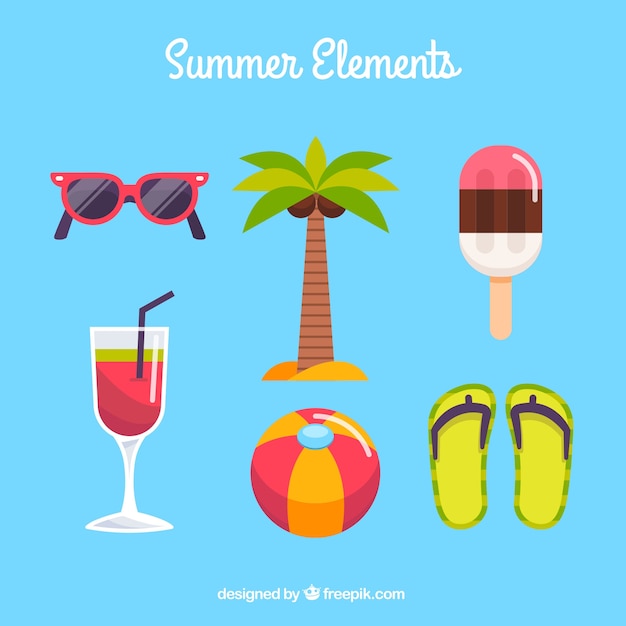 Free Vector set of summer elements with food and clothes in flat style