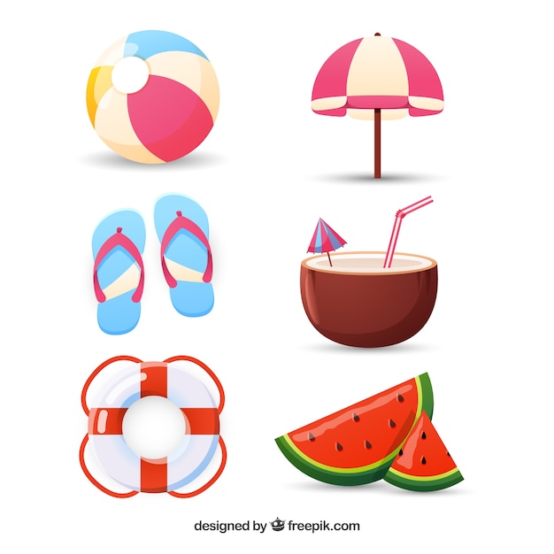 Set of summer elements with food and clothes in flat style