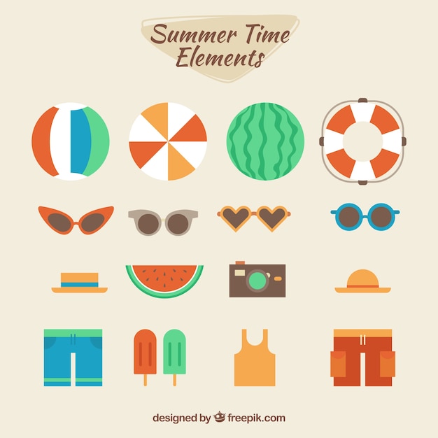 Set of summer elements with food and clothes in flat style