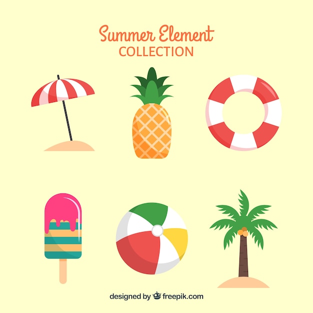 Set of summer elements with food and clothes in flat style