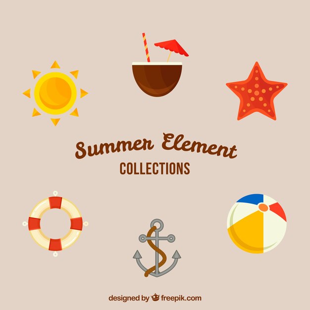 Set of summer elements with food and clothes in hand drawn style