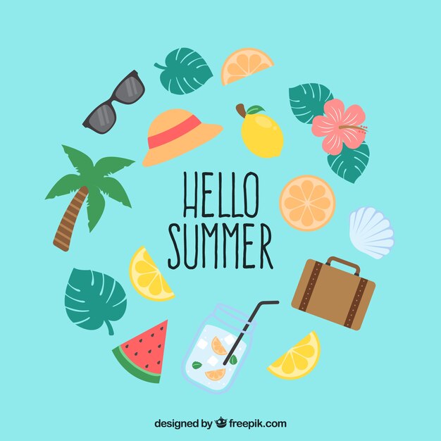 Set of summer elements with food and clothes in hand drawn style