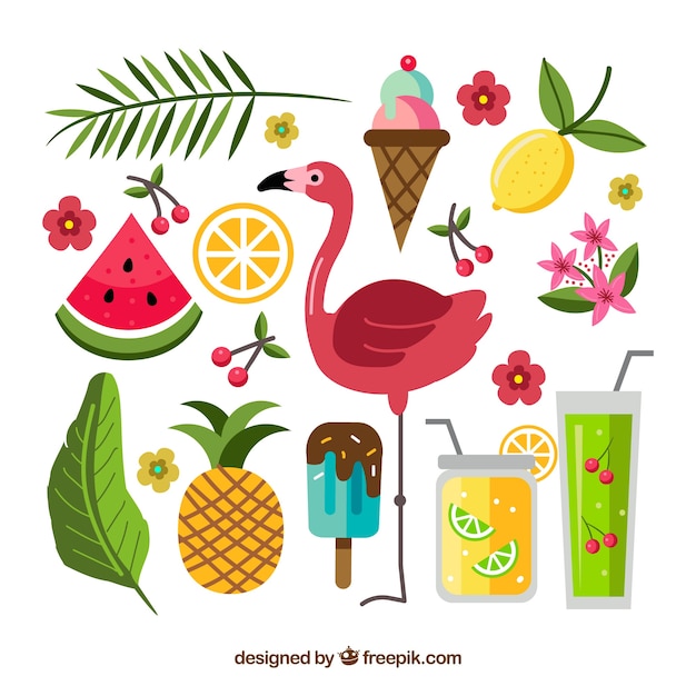 Free Vector set of summer elements with food and plants in hand drawn style