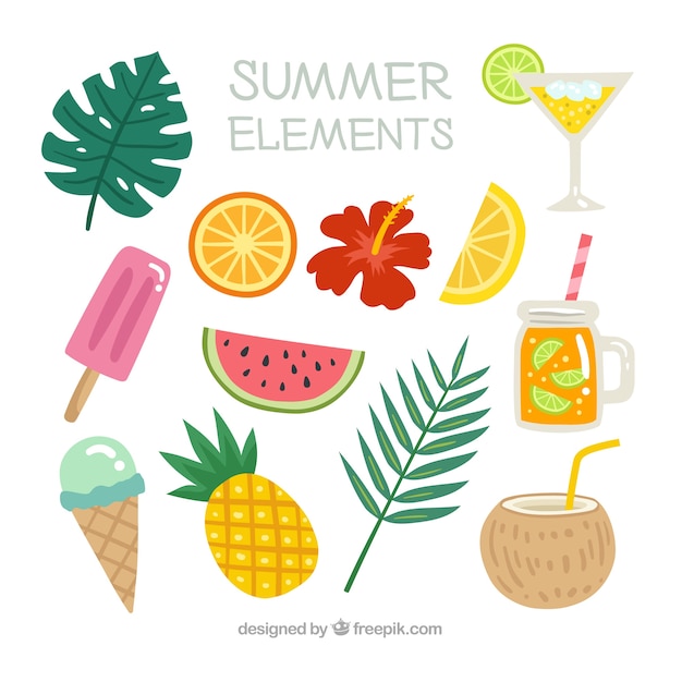 Set of summer elements with food and plants in hand drawn style