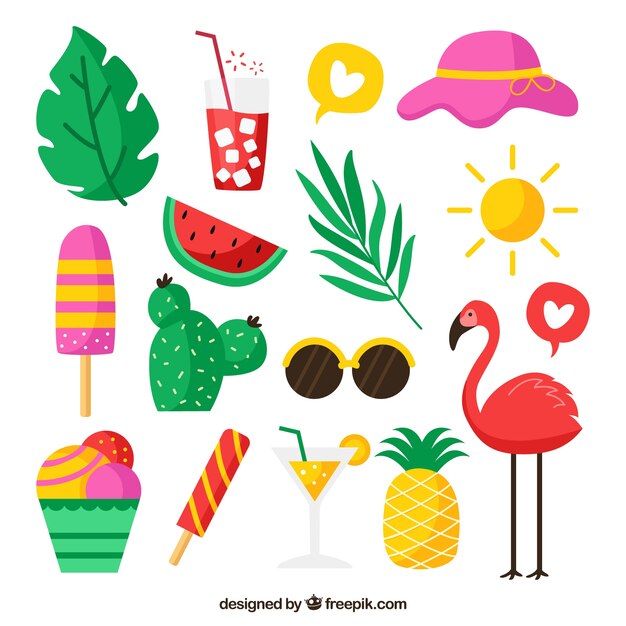 Set of summer elements with fruits and food in flat style