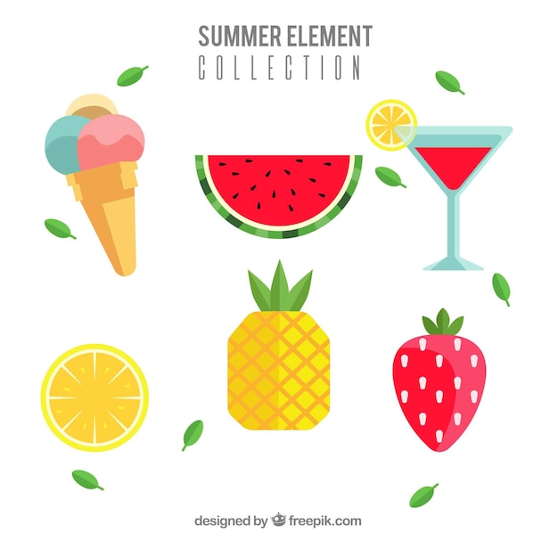 Free Vector set of summer elements with fruits and food in flat style