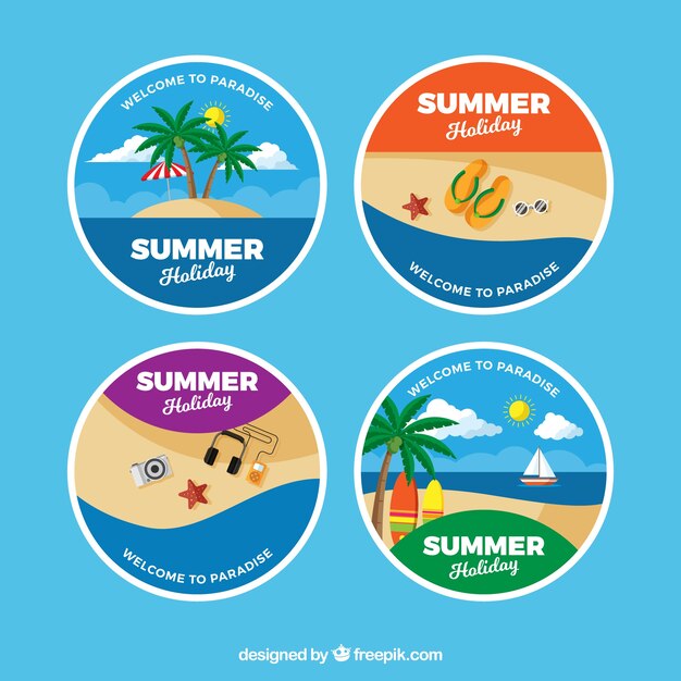 Set of summer labels with beach elements in flat style