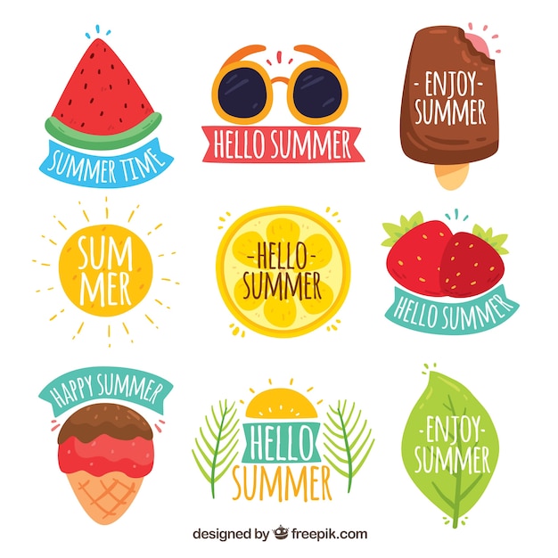 Free Vector set of summer labels with beach elements in hand drawn style