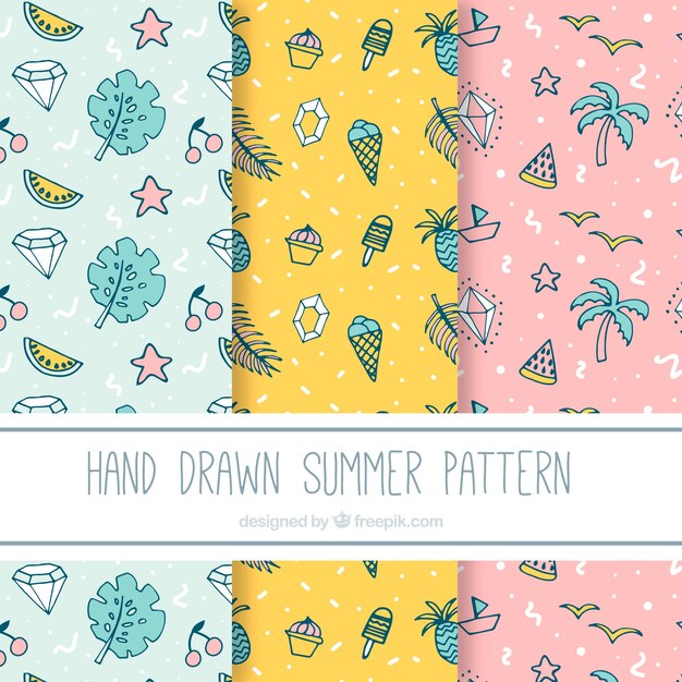 Free vector set of summer patterns hand drawn in pastel shades