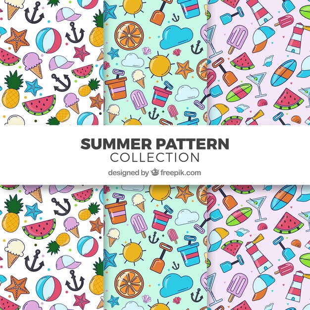 Set of summer patterns with beach elements in flat style