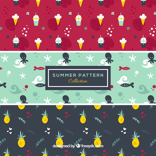 Free Vector set of summer patterns with beach elements in flat style