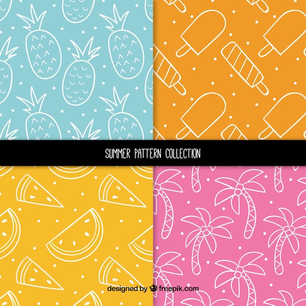 Set of summer patterns with beach elements in hand drawn style