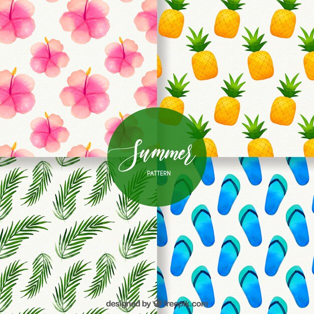 Set of summer patterns with elements in watercolor style