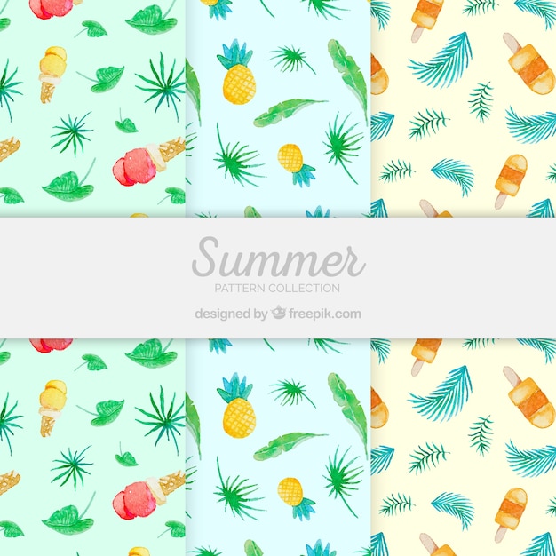 Free vector set of summer patternswith ice creams and plants in watercolor style