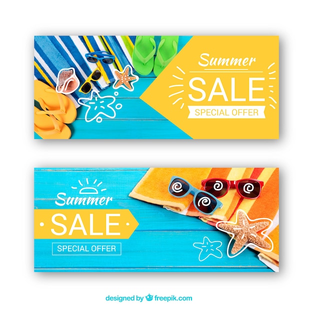 Free vector set of summer sale banners with photography