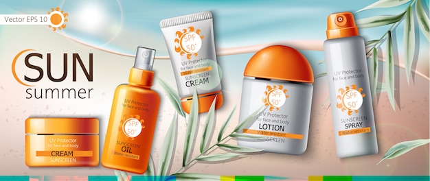 Free vector set of sunscreen cream, lotion, spray and oil. uv protection. water resistant. realistic. beach and leaves background