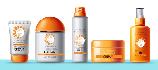 Free vector set of sunscreen cream, lotion, spray and oil. uv protection. water resistant. realistic