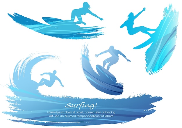 Set Of Surfing Silhouettes Vector Illustration Isolated